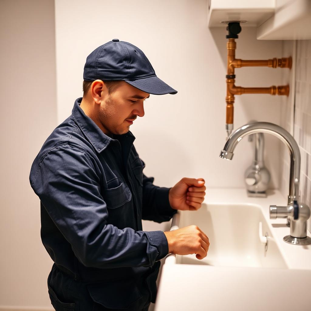 Plumber working on copper pipes under a sink